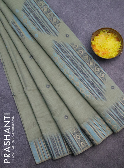 Munga cotton saree pastel green and blue with thread woven buttas and thread & zari woven border