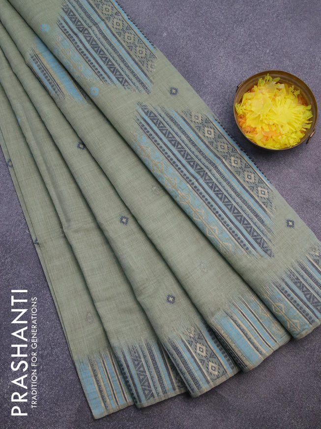 Munga cotton saree pastel green and blue with thread woven buttas and thread & zari woven border