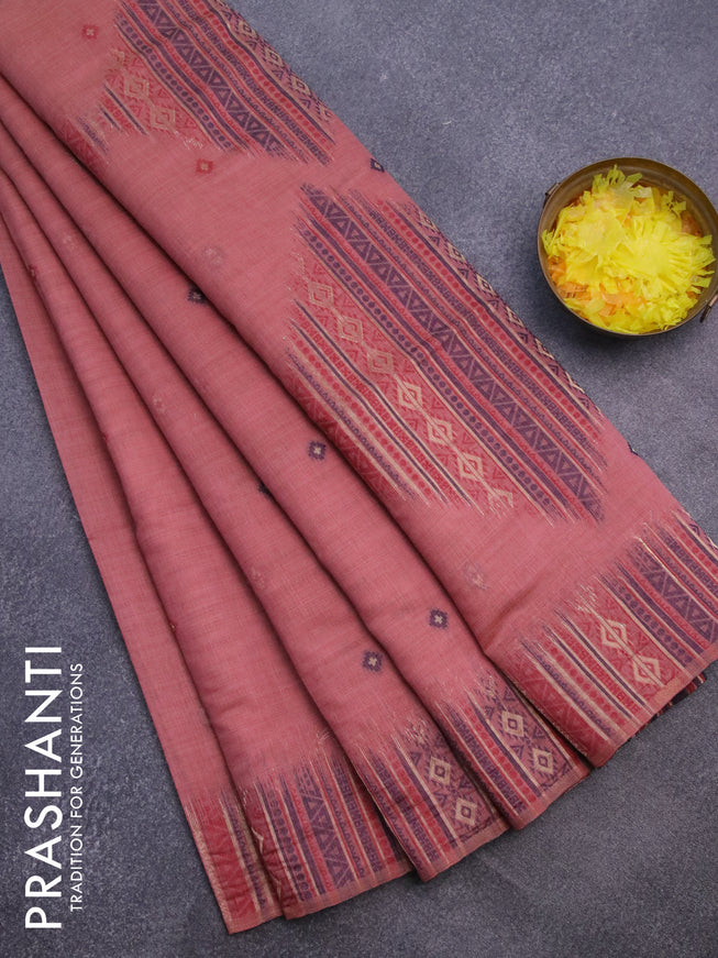 Munga cotton saree pastel peach and maroon with thread woven buttas and thread & zari woven border