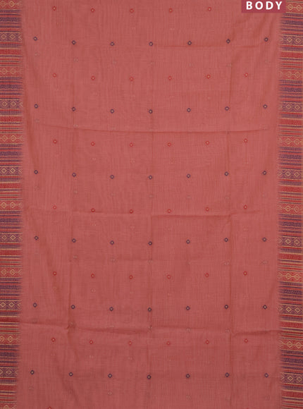 Munga cotton saree pastel peach and maroon with thread woven buttas and thread & zari woven border