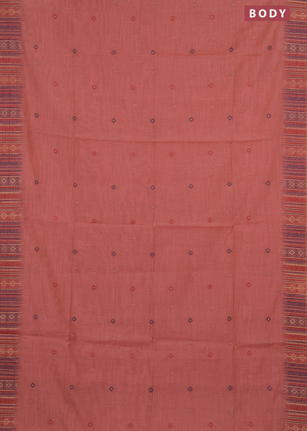 Munga cotton saree pastel peach and maroon with thread woven buttas and thread & zari woven border