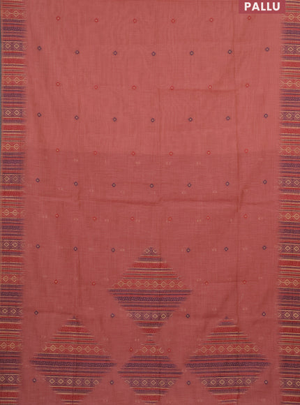 Munga cotton saree pastel peach and maroon with thread woven buttas and thread & zari woven border