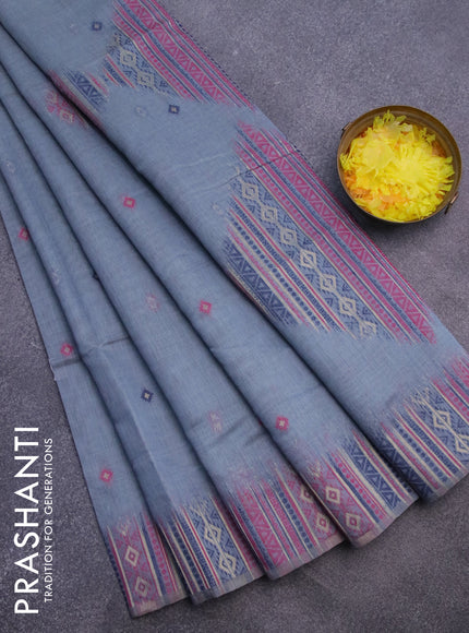 Munga cotton saree bluish grey and dark blue with thread woven buttas and thread & zari woven border