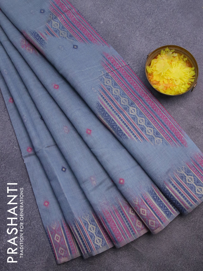 Munga cotton saree bluish grey and dark blue with thread woven buttas and thread & zari woven border