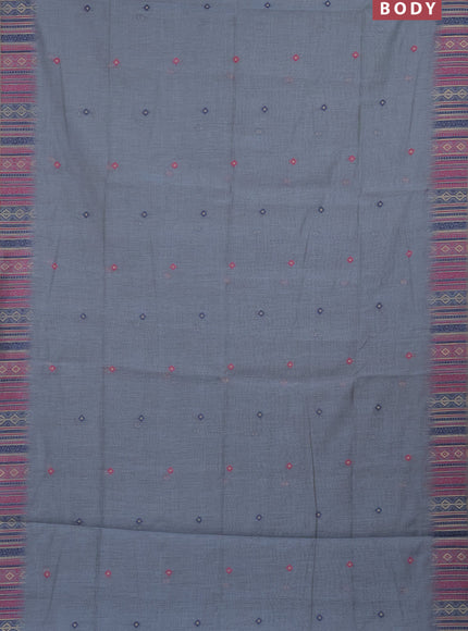 Munga cotton saree bluish grey and dark blue with thread woven buttas and thread & zari woven border