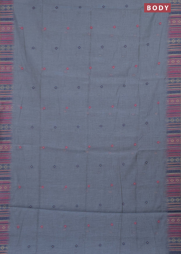 Munga cotton saree bluish grey and dark blue with thread woven buttas and thread & zari woven border