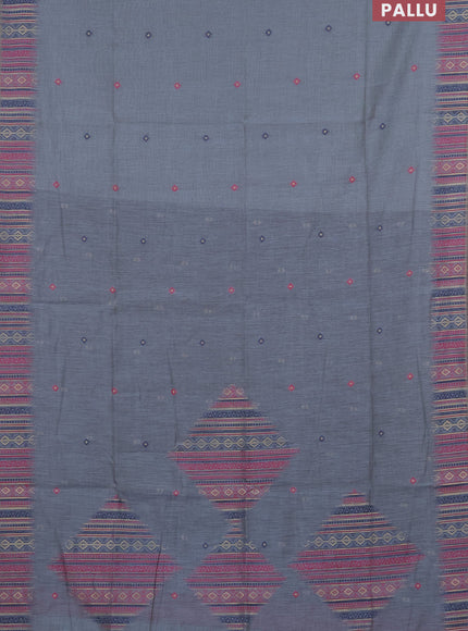 Munga cotton saree bluish grey and dark blue with thread woven buttas and thread & zari woven border