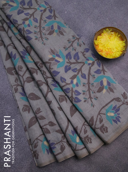 Munga cotton saree grey shade and blue with allover thread weaves and thread woven border