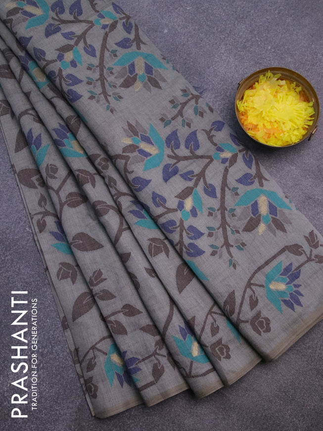 Munga cotton saree grey shade and blue with allover thread weaves and thread woven border