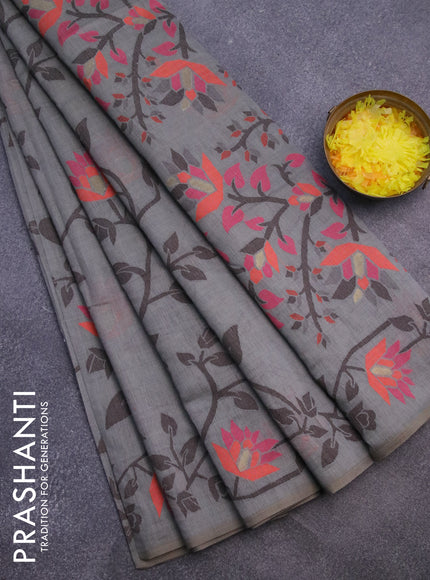 Munga cotton saree grey shade and pink with allover thread weaves and thread woven border