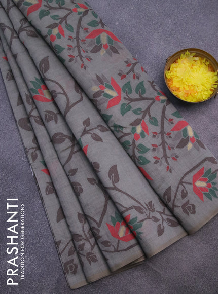 Munga cotton saree grey shade and green with allover thread weaves and thread woven border