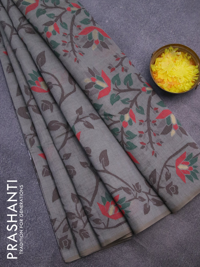 Munga cotton saree grey shade and green with allover thread weaves and thread woven border