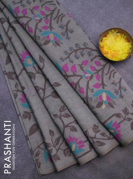 Munga cotton saree grey shade and purple with allover thread weaves and thread woven border