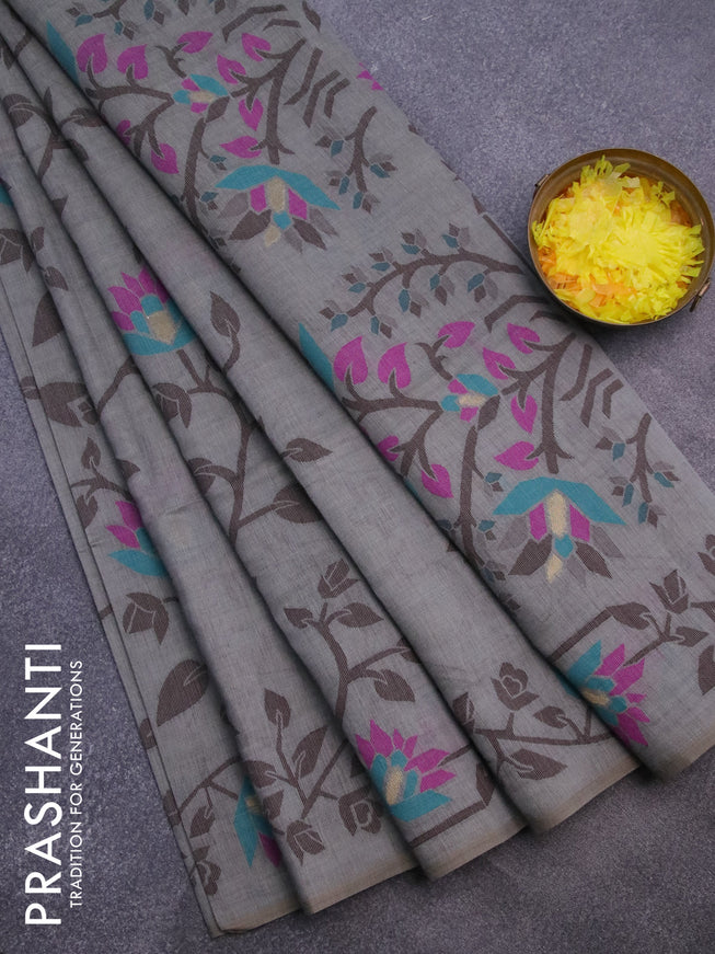 Munga cotton saree grey shade and purple with allover thread weaves and thread woven border