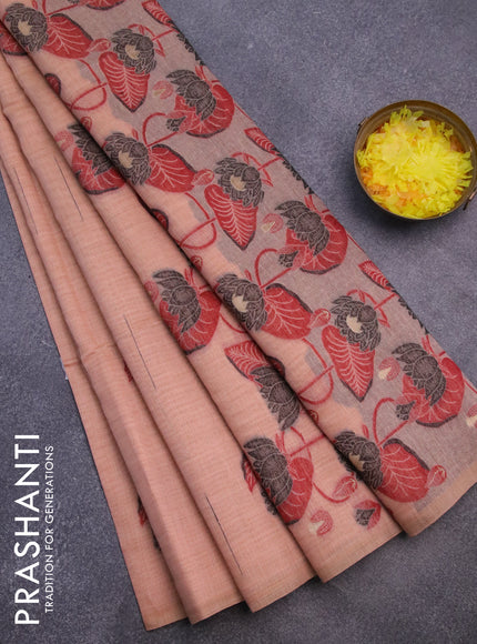 Munga cotton saree peach orange and black with thread woven buttas in borderless style