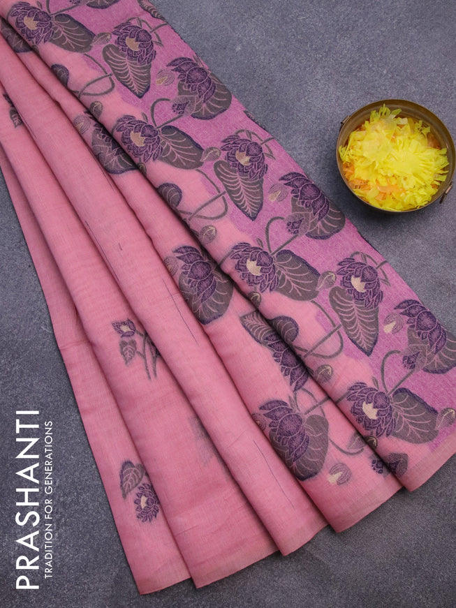 Munga cotton saree peachpink with thread woven buttas in borderless style