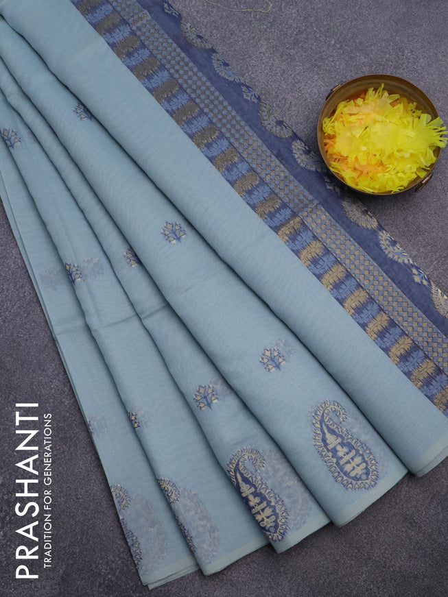 Munga cotton saree pastel green shade and dark blue with thread & zari woven buttas in borderless style