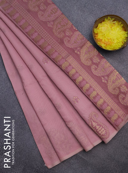 Munga cotton saree pastel pink and pastel brown with thread & zari woven buttas in borderless style