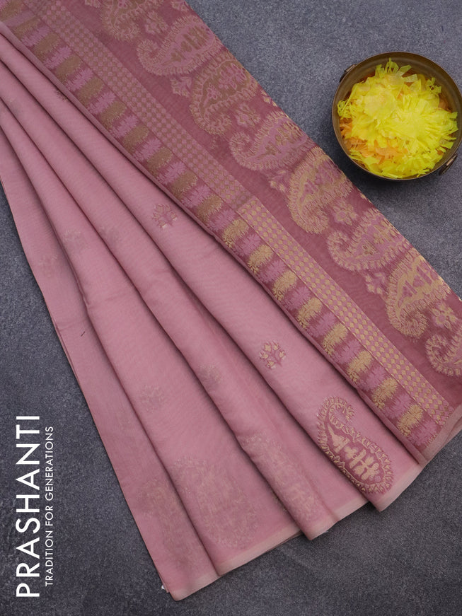 Munga cotton saree pastel pink and pastel brown with thread & zari woven buttas in borderless style