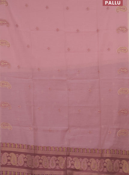 Munga cotton saree pastel pink and pastel brown with thread & zari woven buttas in borderless style