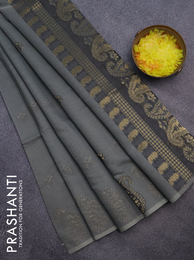 Munga cotton saree grey and black with thread & zari woven buttas in borderless style