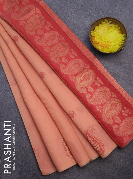 Munga cotton saree peach orange and red with thread & zari woven buttas in borderless style