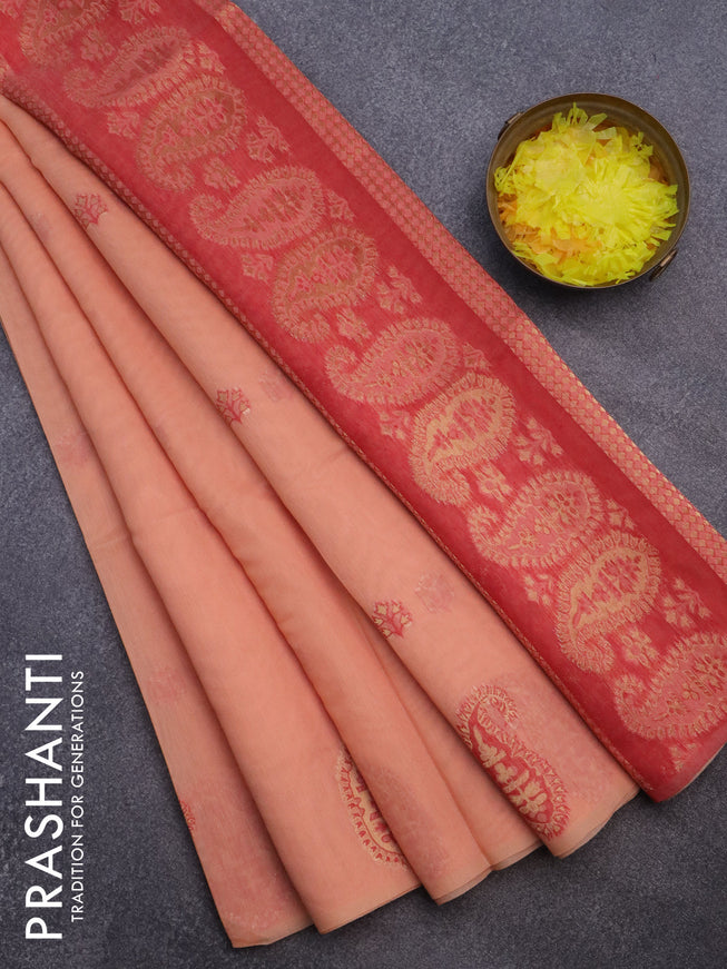 Munga cotton saree peach orange and red with thread & zari woven buttas in borderless style