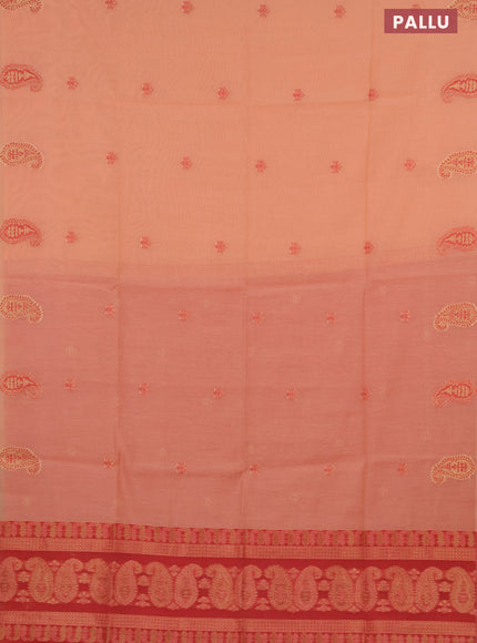 Munga cotton saree peach orange and red with thread & zari woven buttas in borderless style