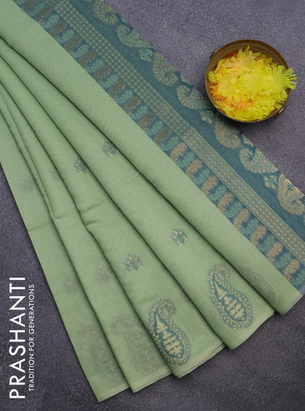 Munga cotton saree pista green and peacock green with thread & zari woven buttas in borderless style