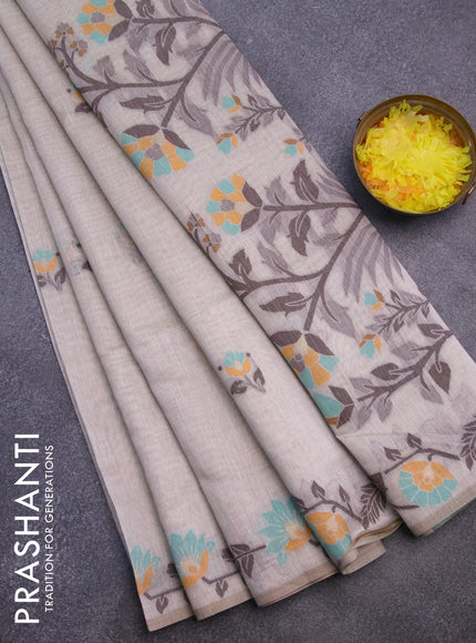 Munga cotton saree cream and teal green with thread & zari woven buttas and floral design thread woven border