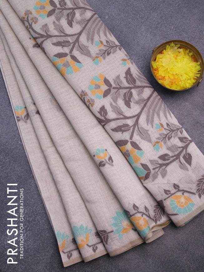 Munga cotton saree cream and teal green with thread & zari woven buttas and floral design thread woven border