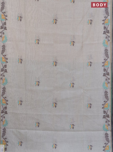 Munga cotton saree cream and teal green with thread & zari woven buttas and floral design thread woven border