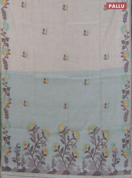 Munga cotton saree cream and teal green with thread & zari woven buttas and floral design thread woven border