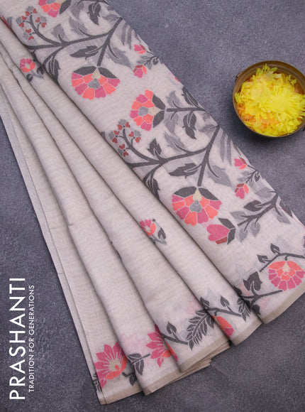 Munga cotton saree cream and pink with thread & zari woven buttas and floral design thread woven border