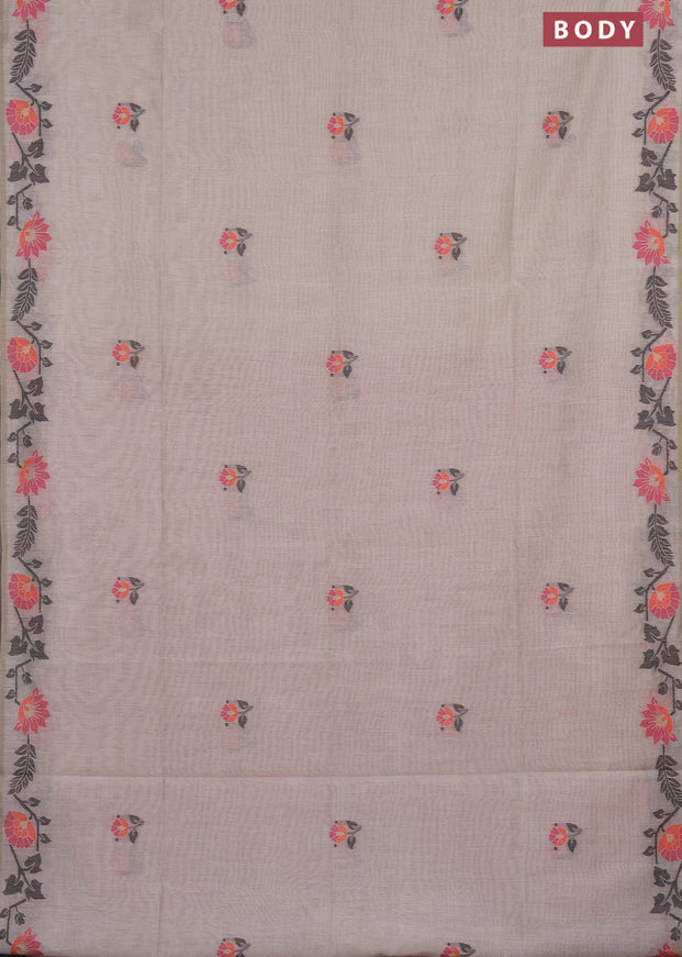 Munga cotton saree cream and pink with thread & zari woven buttas and floral design thread woven border