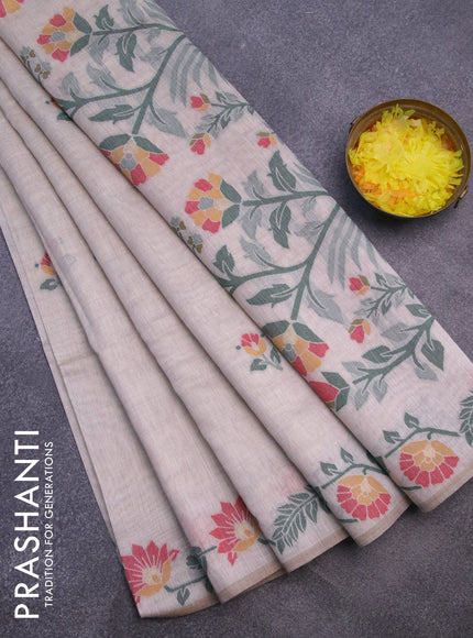 Munga cotton saree cream and red with thread & zari woven buttas and floral design thread woven border