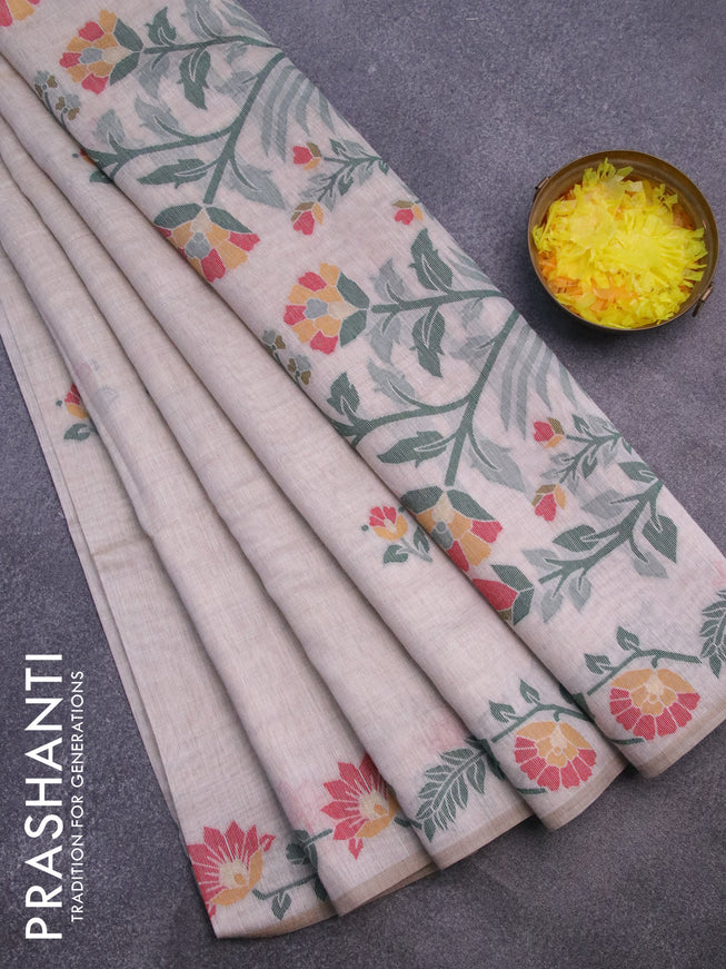 Munga cotton saree cream and red with thread & zari woven buttas and floral design thread woven border