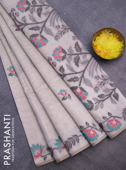 Munga cotton saree cream and teal green with thread & zari woven buttas and floral design thread woven border