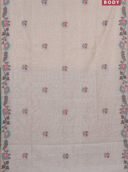 Munga cotton saree cream and teal green with thread & zari woven buttas and floral design thread woven border