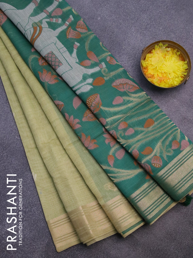 Munga cotton saree pista green and green with thread & zari woven buttas and zari woven border