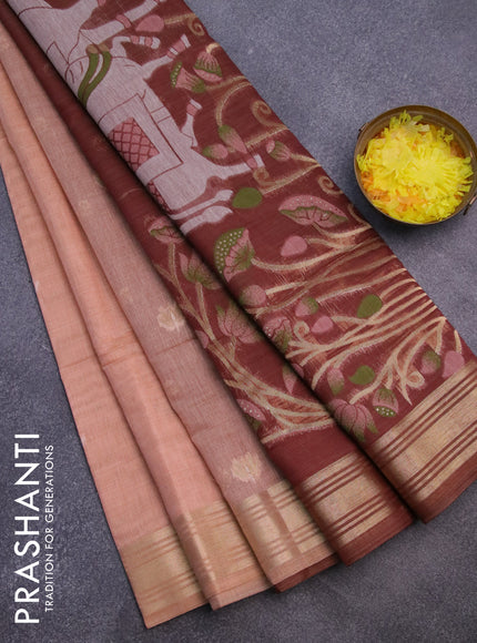 Munga cotton saree pastel peach orange and brown with thread & zari woven buttas and zari woven border