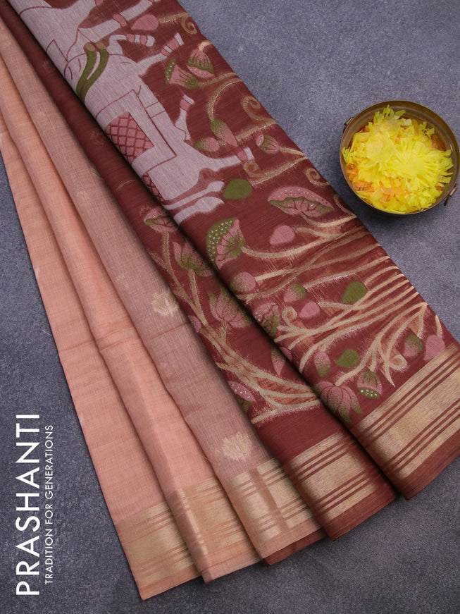 Munga cotton saree pastel peach orange and brown with thread & zari woven buttas and zari woven border