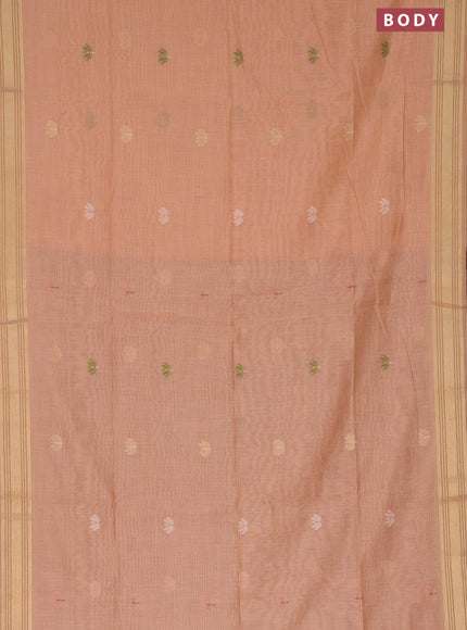 Munga cotton saree pastel peach orange and brown with thread & zari woven buttas and zari woven border