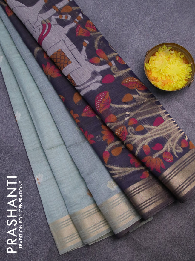 Munga cotton saree pastel green shade and dark blue with thread & zari woven buttas and zari woven border