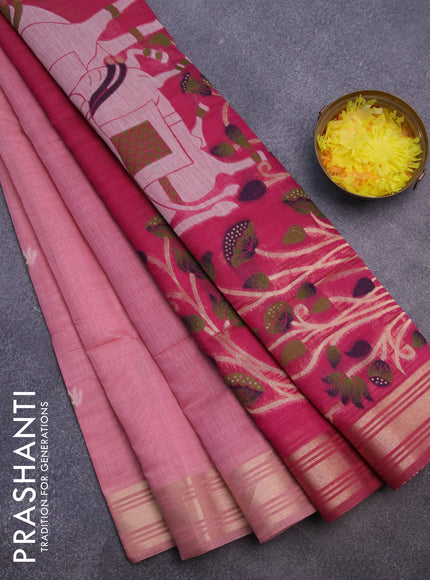 Munga cotton saree peach pink and magenta pink with thread & zari woven buttas and zari woven border