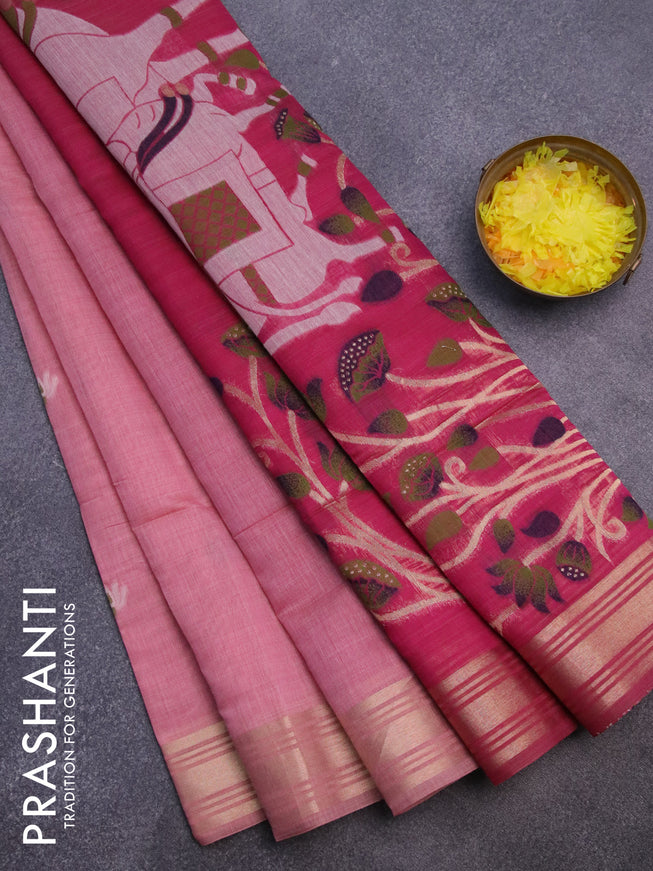 Munga cotton saree peach pink and magenta pink with thread & zari woven buttas and zari woven border