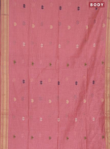 Munga cotton saree peach pink and magenta pink with thread & zari woven buttas and zari woven border