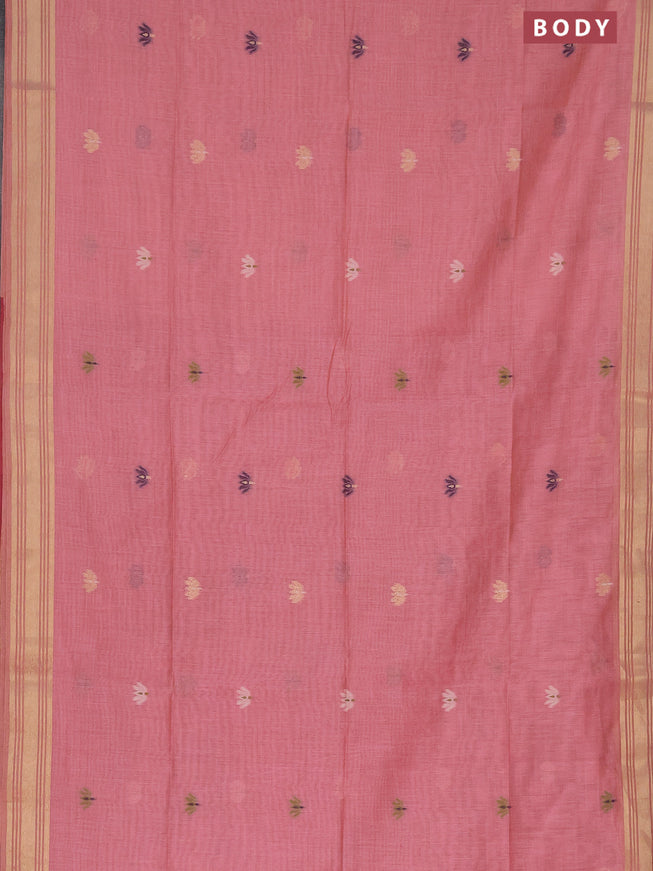 Munga cotton saree peach pink and magenta pink with thread & zari woven buttas and zari woven border