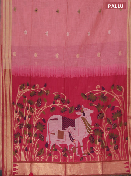 Munga cotton saree peach pink and magenta pink with thread & zari woven buttas and zari woven border