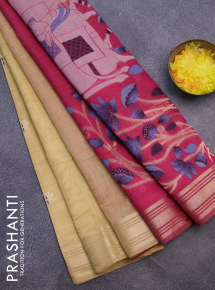 Munga cotton saree yellow and magenta pink with thread & zari woven buttas and zari woven border